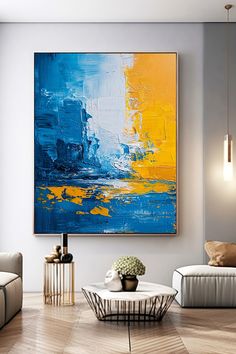 Original handmade abstract painting with vibrant blue and yellow colors, bold brushstrokes, and textured layers on canvas Painting Prompts