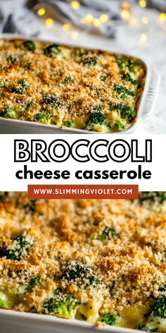 broccoli cheese casserole in a white baking dish with text overlay