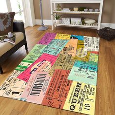 a colorful area rug with tickets on it