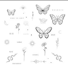 butterflies and flowers are drawn in black ink on a white paper with the words,