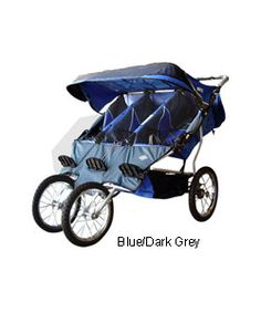 the baby stroller is blue and has two wheels on each side, with an attached canopy