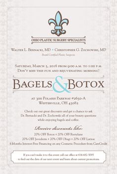 It is that time again, our Bagels and Botox event is taking place on March 5th! Don't miss this opportunity! Med Spa Marketing, Dental Spa, Spa Specials, Botox Cosmetic, March 5th, Botox Fillers, Botox Injections, Dental Cosmetics