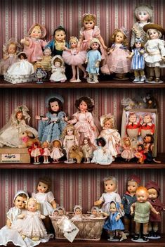 many dolls are sitting on shelves in a room with striped wallpaper and red curtains