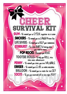 the cheer survival kit is pink and white with black lettering on it, including an image of