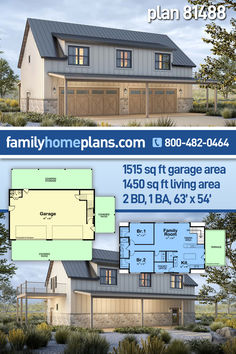 two story house plans with garage and living area in the front, second floor plan on the back