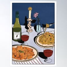 a painting of pasta and wine on a table