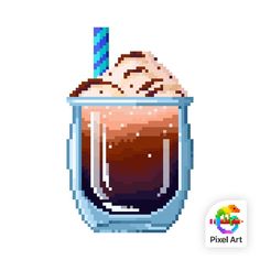 an ice cream sundae in a glass with a blue striped straw