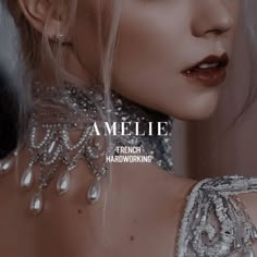 a woman with long blonde hair wearing a silver dress and pearls on her neck is featured in an ad for amelie