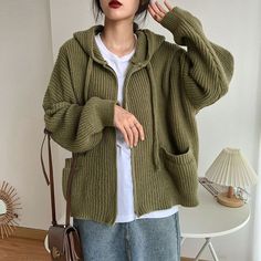 #ad Top Seller for Loose Hooded Knitted Cardigan Women's Autumn Winter Sweater Coat Jumper Outwear, Fashion Women's Sweaters Knit Cardigan Outfits, Minimalist Aesthetic Outfit, Cardigan Grunge, Indie Accessories, Korea Clothes, Knit Cardigan Outfit, Outfit Indie, Boogzel Apparel, Hooded Knit Cardigan