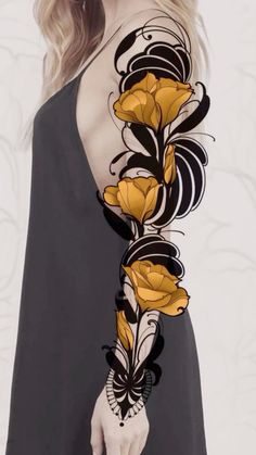 a woman wearing a black dress with yellow flowers on her arm and hand tattoo design