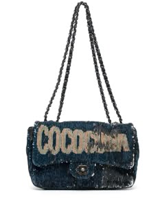 blue sequin design signature Coco Cuba motif two leather and chain-link shoulder straps front flap closure signature interlocking CC turn-lock fastening main compartment full lining internal zip-fastening pocket gunmetal-tone hardware Purchasing this item continues its narrative and reduces the environmental impact by avoiding the use of new resources needed to make the product from scratch, such as water, materials and electricity, and avoiding additional manufacturing impact. Learn more about Vintage Designer Bags, Sequin Design, Shopping Chanel, Fancy Bags, Stockholm Fashion, Iconic Bags, Pretty Bags, Mood Board Fashion, Golden Girl