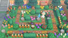 an animal crossing game with lots of flowers and plants on the ground, including carrots