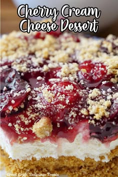 a cheesecake with cherries and crumbs on top is shown in front of the words cherry cream cheese dessert