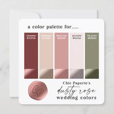 a card with the color palette for chic paper's dusty rose wedding colors