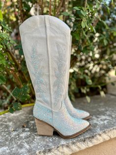 Add Glamour to any party with these Addie Grey Rhinestone Booties with front iridescent rhinestone detailing and side flared out feathered detailing. These booties have a Pointed Toe Silhouette,  side zipper closure, 3 wooden block heel, 14 calf length from ankle to top of bootie. 17 total inches tall from sole to top of Bootie.  These booties are made of a soft suede like material. Rhinestone Boots, Boots Western, Style Boots, Silver Rhinestone, Wooden Blocks, Western Style, Soft Suede, Western Fashion