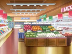 a painting of a grocery store with fresh fruits and vegetables on the display shelves for sale