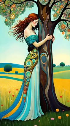 a painting of a woman hugging a tree in the middle of a field with flowers