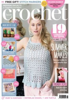 the cover of crochet magazine features a woman in pink pants and a white top