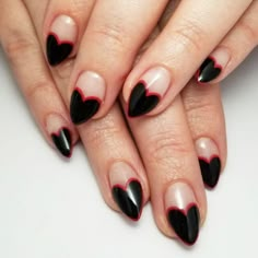 Grunge Nail Ideas Almond, Old Hollywood Inspired Nails, Colorful Goth Nails, Black Witchy Nails Almond, Black Heart French Tips, French Manicure Alternatives, Goth Oval Nails, Goth Valentines Nails Short, Valentines Nails Goth