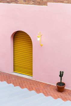 a pink building with a yellow door and a cactus in the foreground on a brick walkway