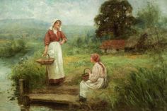 an oil painting of two women on a dock by the water, one holding a basket