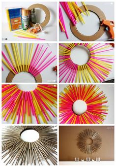 several pictures of different colored sticks arranged in the shape of a starburst and circle