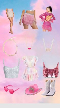 a collage of different outfits and accessories on a pink background