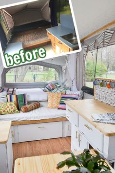 the inside of a camper with lots of furniture and decor on it's walls