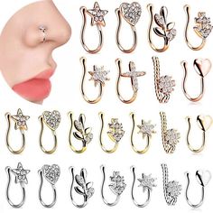 various types of nose piercings with different shapes and sizes on each one side, including an