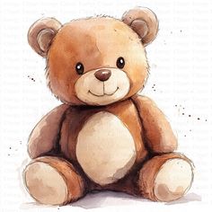 a watercolor painting of a brown teddy bear