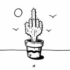 a black and white drawing of a cactus in a pot