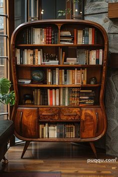 a bookshelf filled with lots of books next to a fireplace