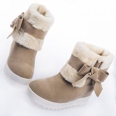 Bow Mid Calf Snow Boots Flats 3109 – meetfun Cute Winter Boots, Heels Winter, Fur Snow Boots, Kawaii Shoes, Boots Platform, Wedge Ankle Boots, Girly Shoes, Snow Boots Women