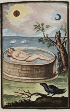 a painting of a man in a hot tub with a bird sitting on the ground