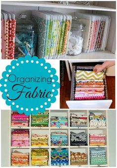 organized fabric storage bins with the words organizing fabric on them and pictures of different fabrics