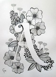 a black and white drawing of flowers with the letter a in it's center