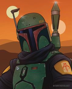 the boba fett character is wearing a star wars helmet and holding a light saber