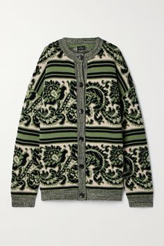 Etro's cardigan is jacquard-knitted with signature paisley swirls interspersed with stripes, and the leaf-green colorway makes the pattern even more striking. It's spun from a warm wool-blend and has an oversized fit enhanced by dropped shoulders. Layer it over a turtleneck or collared shirt. Paisley Sweater, Jacquard Cardigan, Cardigan Oversized, Nye Outfits, Jacquard Sweater, Knit Blazer, Warm Sweaters, Jacquard Knit, Knitwear Cardigan