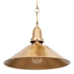 an antique brass pendant light hanging from a chain