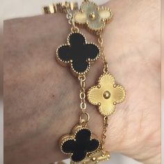 Gold And Black Double Sided Clover Bracelets. Stainless Steel Non Tarnishing Hypoallergenic. Water Resistant Alhambra Style Motif Clover Bracelets, Vintage Clover, Clover Jewelry, Howlite Bracelet, Clover Bracelet, Swarovski Bracelet, Jewelry Accessories Ideas, Shell Bracelet, Jewelry Essentials