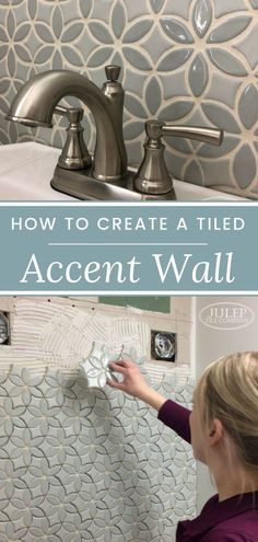 how to create a tile accent wall in the bathroom with pictures and text overlay