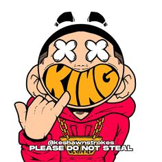 a cartoon character holding up a piece of food to his face with the word king on it