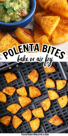 Crispy polenta wedges on a plate with guacamole and inside an air fryer basket. Polenta Recipes Tube Vegan, Polenta Tube Recipes Easy, Polenta Bites Appetizers, Polenta Recipes Tube Baked, How To Cook Polenta Tube