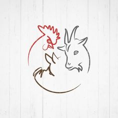 two roosters are facing each other on a white wooden background with red and black lines