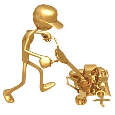 a golden man with a baseball cap is pushing a pile of gold objects