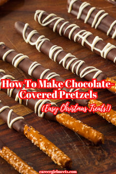 Chocolate-covered pretzel rods (or sticks) are the most delicious and easy treat to make for Christmas, Halloween, Fall, and Thanksgiving. They are also a nice treat for weddings, baby showers (think pink or blue), or bridal showers. If you don't know how to make chocolate-covered pretzels, this recipe article will walk you through some tips and tricks. Also, there are bags you can buy to gift these individually. There are also some great decorating tips here! 

// chocolate dipped pretzels // Christmas Dipped Pretzels Rods, Pretzel Thanksgiving Treats, Pretzel Rod Christmas, Gourmet Dipped Pretzels, How To Display Pretzel Rods Party Ideas, Thanksgiving Desserts Pretzels, Fall Dipped Pretzels, Making Chocolate Covered Pretzels, Choc Pretzels Christmas