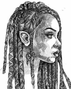 a black and white drawing of a woman with dreadlocks