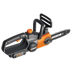 a black and orange chainsaw with an orange handle on the front, sitting on a white background