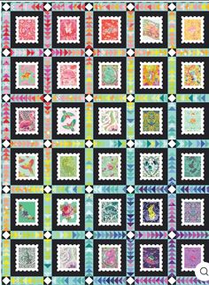 a quilt made with different colored squares and designs on the front, side, and back