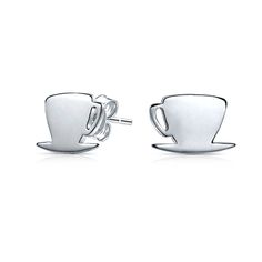 two silver cups and saucer earrings on a white background